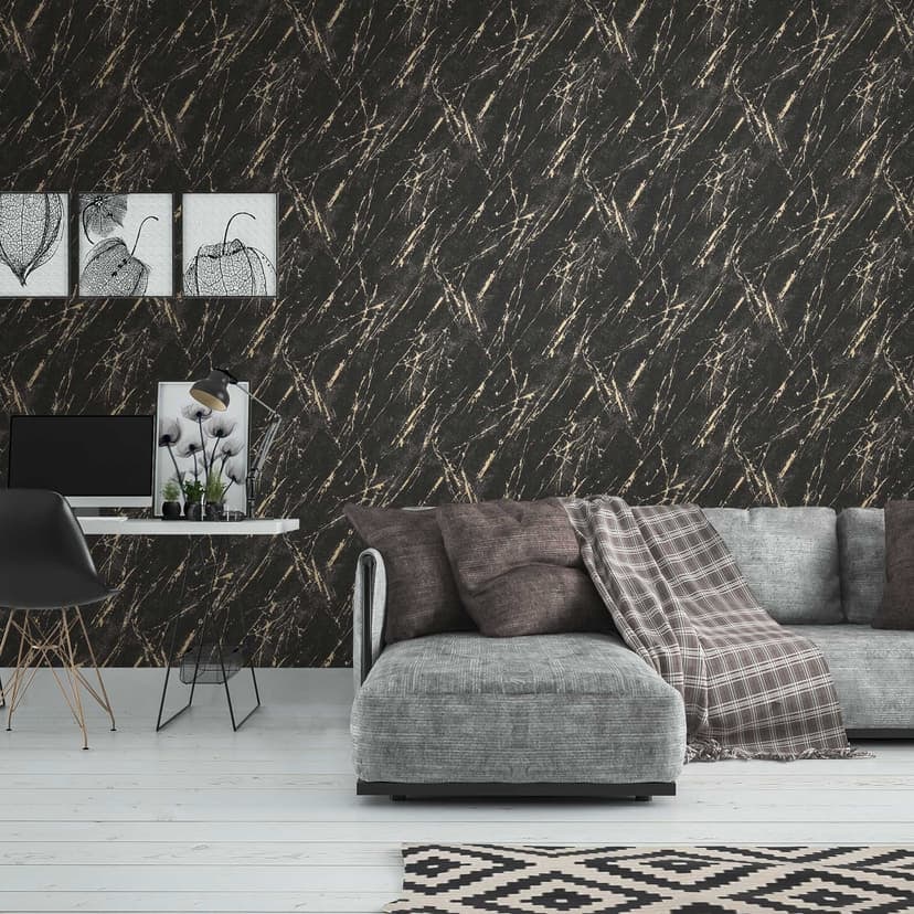 Marmor metallisk tapet svart guld - non-woven tapet för sovrum