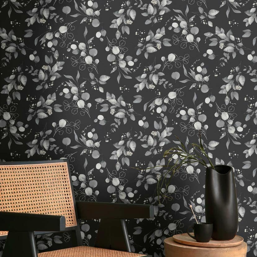 Blommig akvarell tapet svartgrå - Icke-vävd tapet med löv - elegant naturmotiv