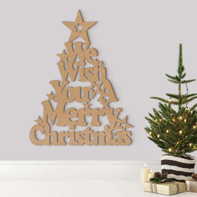 Väggdekorationer i trä - Julgran Vi önskar dig en god jul - MDF natur