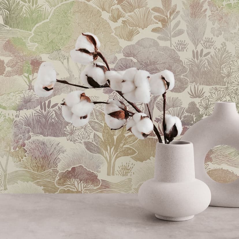 Landskap tapet pastell beige grön - Icke-vävd tapet botaniska illustrationer