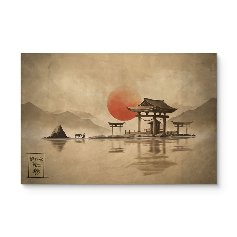 Träposter Japanskt tempel i soluppgången - Roze