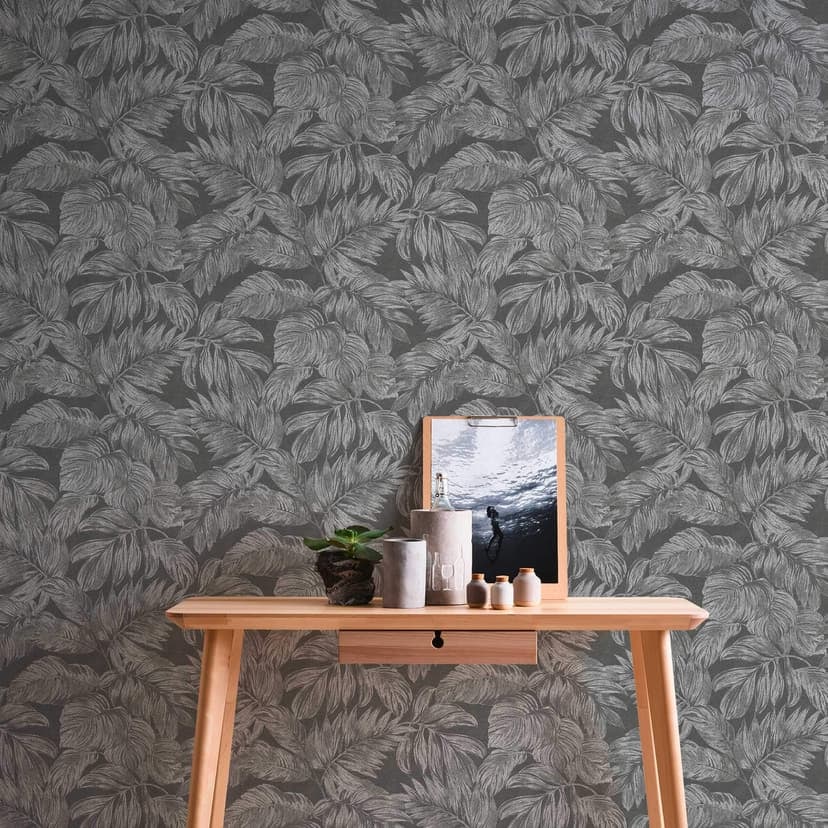 Djungel antracit silvergrå tapet med metallic effekt - palmer non-woven tapet