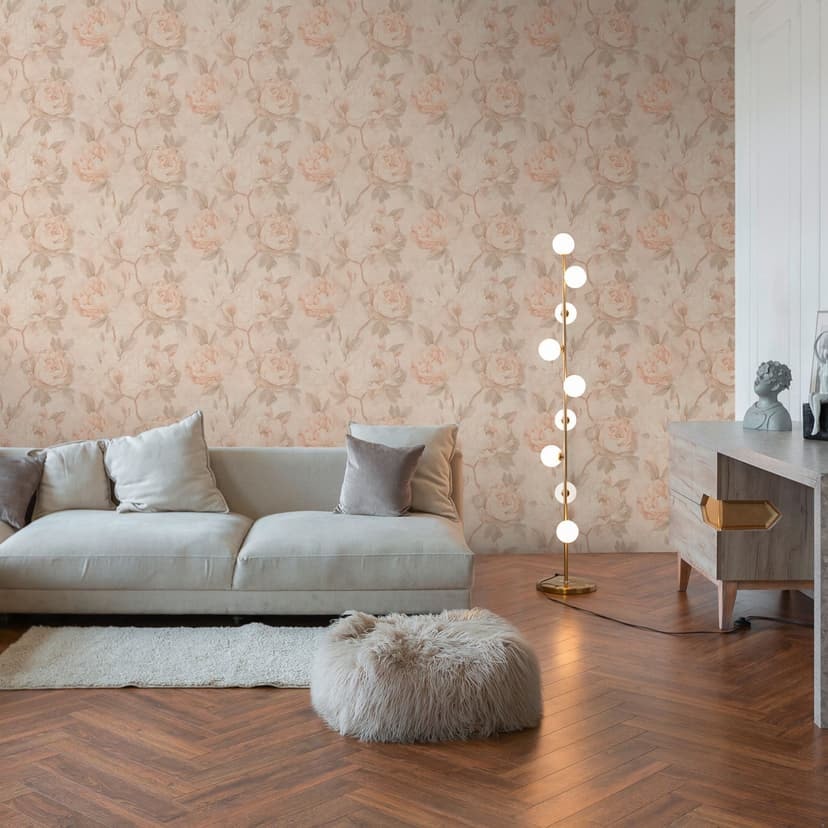 Blommig tapet peonies aprikos beige - Icke-vävd tapet med matt vintage look
