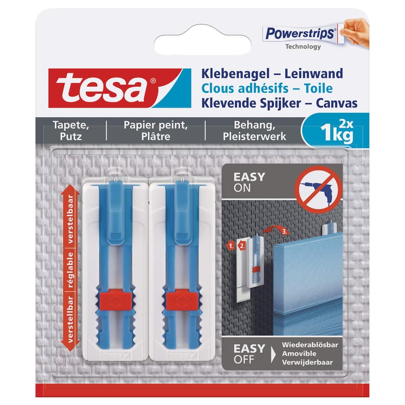 tesa Powerstrips Justerbar Självhäftande Spik På Tapeter och Gips, Paket med 2, Vit
