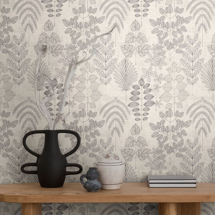 Non-woven tapet blommig - fint randigt mönster i greige & taupe