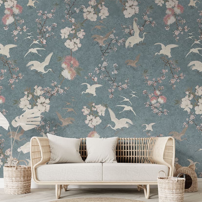 Fototapet i Japandi-stil - Kranar i körsbärsblom Rush Blue - Bloomery Decor