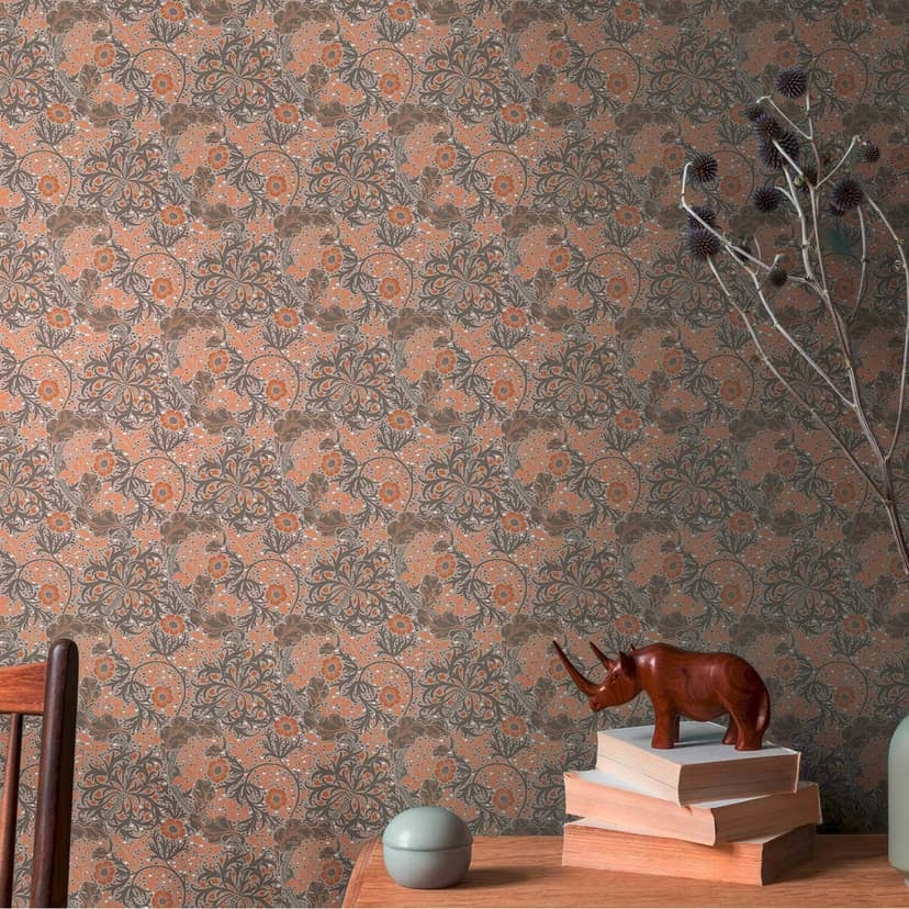 Tapet med blomrankor och blommor brun orange - non-woven blommig tapet