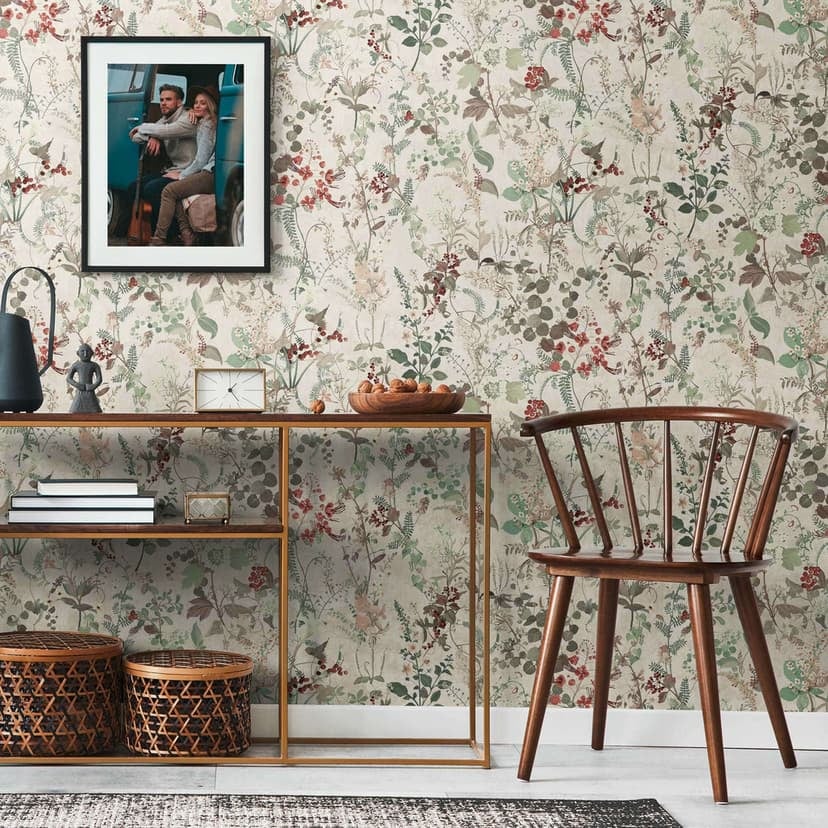 Blommig tapet lantgård vintage tapet vit grön röd non-woven tapet blommor blommig