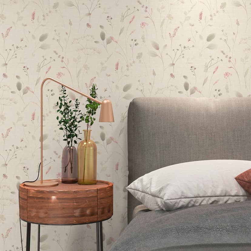 Ängsblomma tapet rosa beige vit - Icke-vävd tapet med blommigt akvarellutseende
