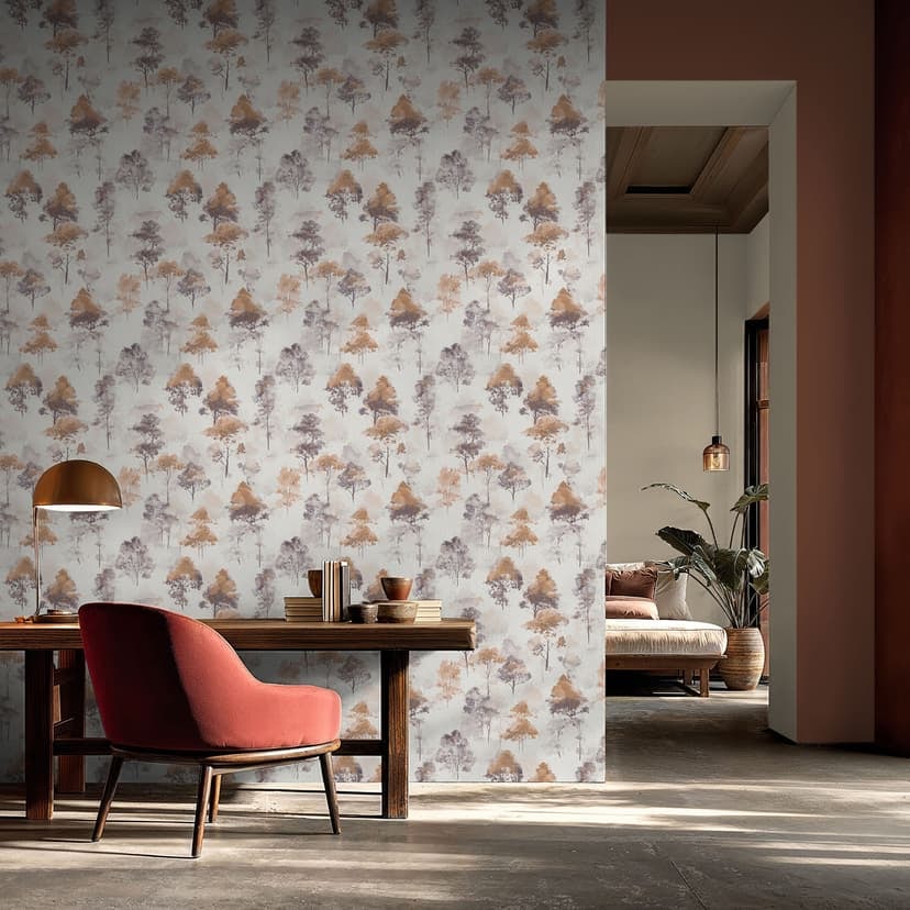 Non-woven akvarell skogstapet i beige brungrå med träd i höstlook