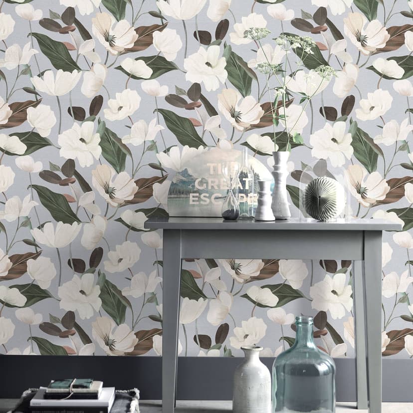 Icke-vävd tapet, tapet med blommotiv Secret Garden grå