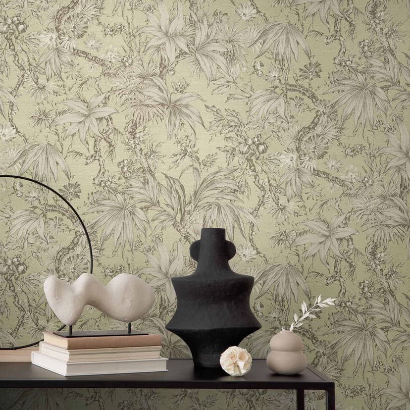 Botanisk tapet grön beige - exotisk Icke-vävd tapet med löv - mönster tapet