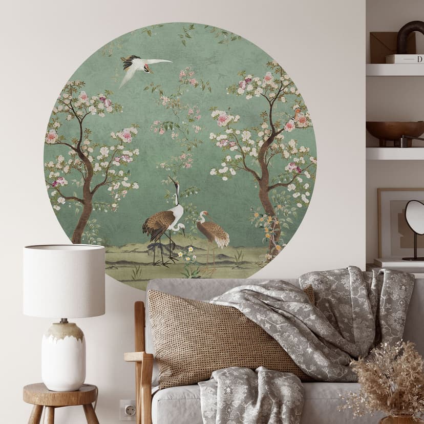 Wallsticker Tranor i blommigt landskap - Blomstersmycke - Dekor - Rund