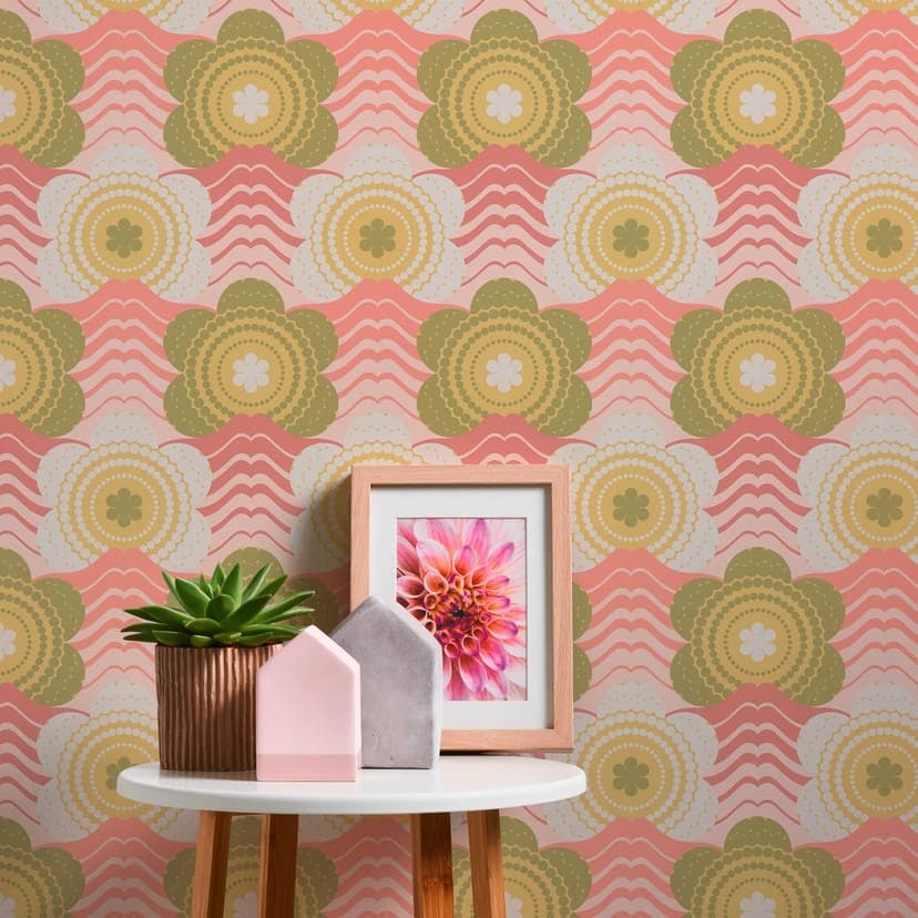 Rosa grön blommig tapet - blommig retro tapet - vintage non-woven tapet