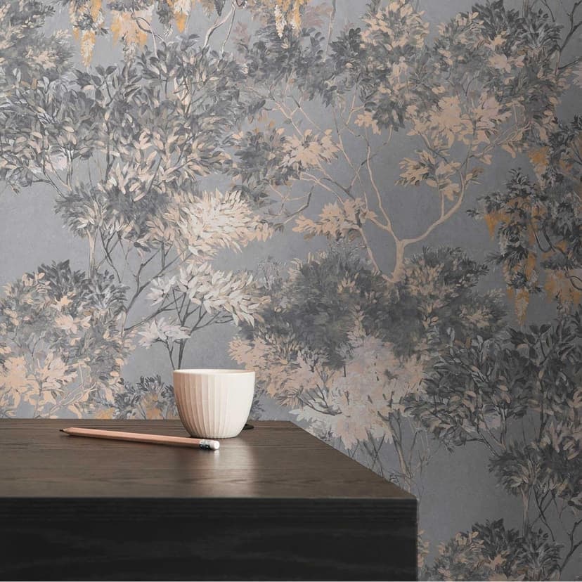 Blommig non-woven tapet med träd grå beige - tapet i akvarell look vit