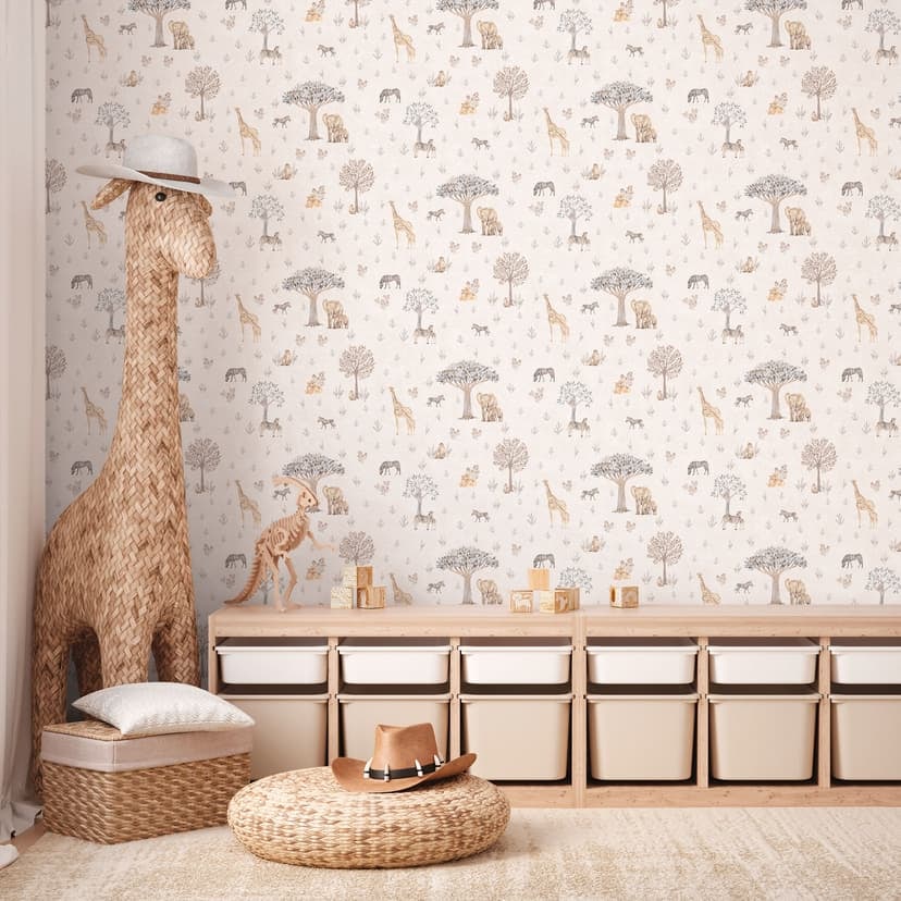 Safari tapet djur beige färgglad - Icke-vävd tapet med giraff, zebra och elefant