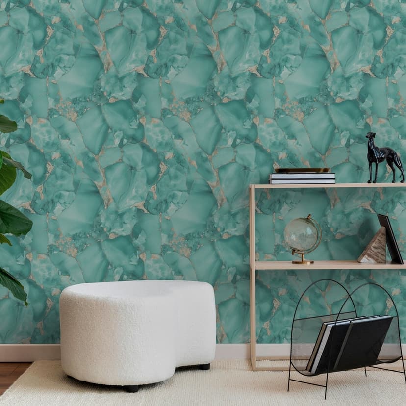 Marmor tapet jade grön guld glansig - Icke-vävd tapet med steneffekt modern