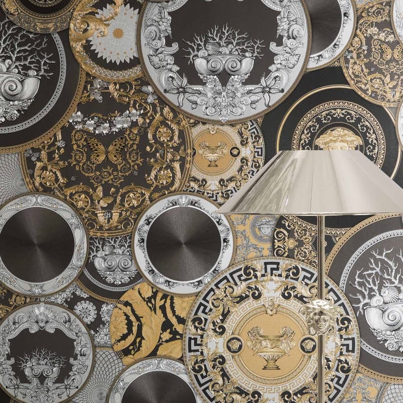 Versace Icke-vävd tapet Art De La Table Barockcirklar Medusa Meander Svart Guld